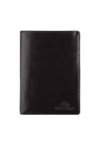 Portafoglio per passaporto in pelle nera con texture liscia, logo impresso e bordi puliti. Forma rettangolare compatta, adatta per documenti di viaggio.