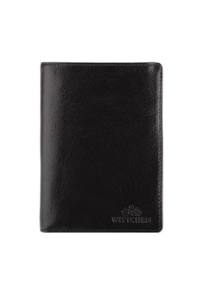 Black leather passport holder with smooth texture, embossed logo, and clean edges. Compact rectangular shape, suitable for travel documents.