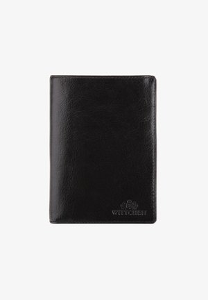Black leather passport holder with smooth texture, embossed logo, and clean edges. Compact rectangular shape, suitable for travel documents.