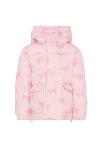 Giacca imbottita rosa con cappuccio, caratterizzata da un motivo ripetuto di fiocchi rosa scuri. Ha due tasche frontali e polsini elastici.