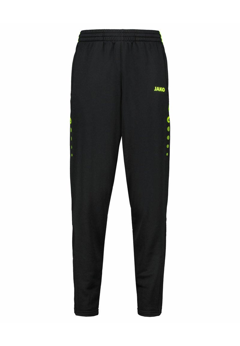 Zwarte sportbroek met een aansluitende pasvorm, elastische tailleband en groene accenten, inclusief het merkteken en cirkelpatronen aan de zijkanten.