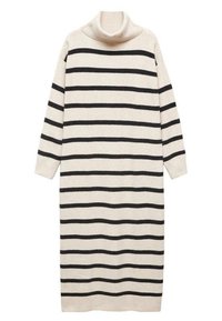 Robe en tricot avec un col roulé, présentant des rayures noires horizontales sur un fond crème. Manches longues et une coupe décontractée, ample.