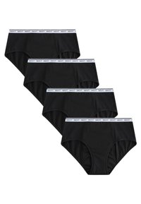 Ensemble de quatre slips en coton noir, avec une large bande blanche portant la mention "NEXT" ; texture lisse et coupe classique taille haute.