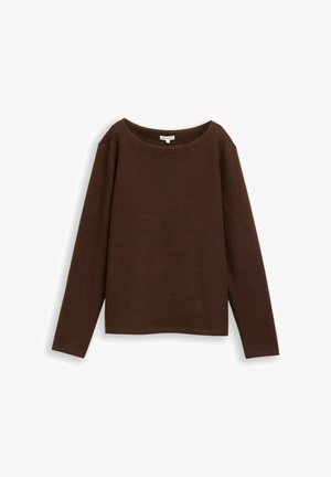 Haut en maille marron à manches longues avec un décolleté large, coupe décontractée et texture côtelée. Il présente une base droite et aucun matériel visible.