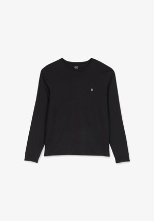 Long-sleeve black cotton shirt with a round neckline and a small white logo on the left chest. Plain design and relaxed fit.