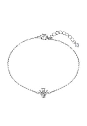 Pulsera de cadena de plata con un charm de ángel con un recorte en forma de corazón, cierre de langosta y extensión ajustable con un pequeño cristal.