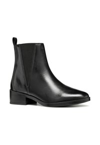 Bottine en cuir noir avec panneaux latéraux élastiques, bout rond, petit talon en bloc et finition lisse. Comprend un tirant pour un enfilage facile.