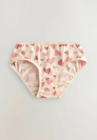 Beige Baumwollunterwäsche mit einem rosa Herzenmuster, ausgestattet mit einem weichen elastischen Bündchen und einem kleinen Schleifenakzent in der Mitte vorne.