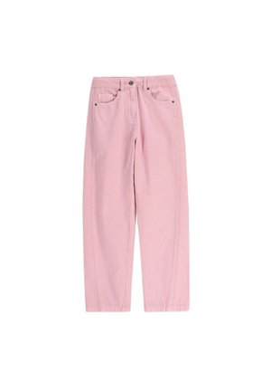 Różowe jeansy z prostymi nogawkami i wysokim stanem, wyposażone w przednie kieszenie, szlufki na pasek oraz zapięcie na guzik i zamek błyskawiczny.