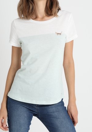 Katoenen T-shirt met een witte bovenkant en een lichtgroen gestreept onderste gedeelte. Inclusief een kleine geborduurde kattendetail op de borst.