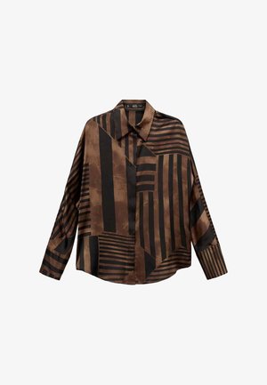 Chemise à manches longues boutonnée de couleur marron foncé et noire, présentant un mélange de motifs géométriques et de textures, avec une coupe décontractée et un col.