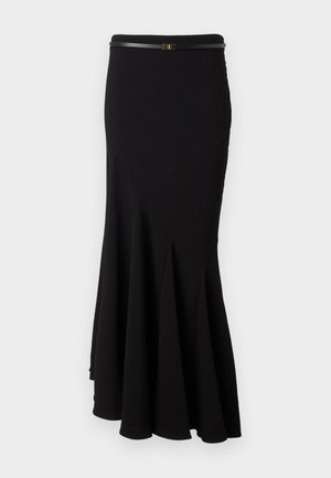 Gonna a sirena nera, realizzata in tessuto elastico, presenta una vita aderente con una cintura nera sottile e un orlo svasato con cuciture curve.