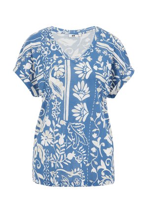 Maglietta in cotone blu a maniche corte, con un motivo floreale bianco e scollatura a V. Tessuto morbido, vestibilità rilassata e dettagli cuciti.