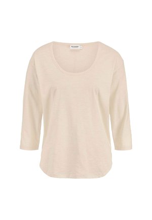 Beiges Langarmshirt mit tiefem Rundhalsausschnitt und lockerem Schnitt, aus leichtem Stoff gefertigt.