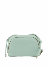 Miętowa skórzana kosmetyczka o zaokrąglonym kształcie, z kontrastującymi brązowymi trimem suwaków oraz krótkim podwójnym uchwytem suwaka z ozdobnymi akcentami.