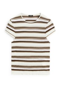 Stickad topp med korta ärmar som har horisontella ränder i beige, brunt och vitt. Rund halsringning; strukturerad tyg med öppna detaljer.