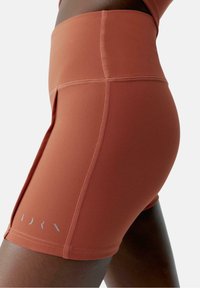 High-waisted, rust-colored activewear shorts made of smooth, stretchy fabric with flatlock seams and logo detail near hem.