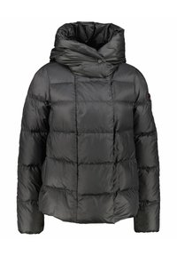 Giacca a vento nera con un ampio cappuccio ripiegabile, design trapuntato e leggero lucido. Presenta una chiusura a bottone al collo.