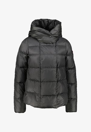 Black puffer jacket with a large, foldable hood, quilted design, and slight sheen. Features a button closure at the neck.