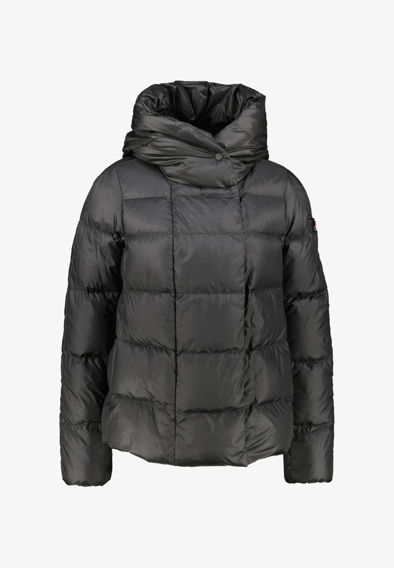 Black puffer jacket with a large, foldable hood, quilted design, and slight sheen. Features a button closure at the neck.