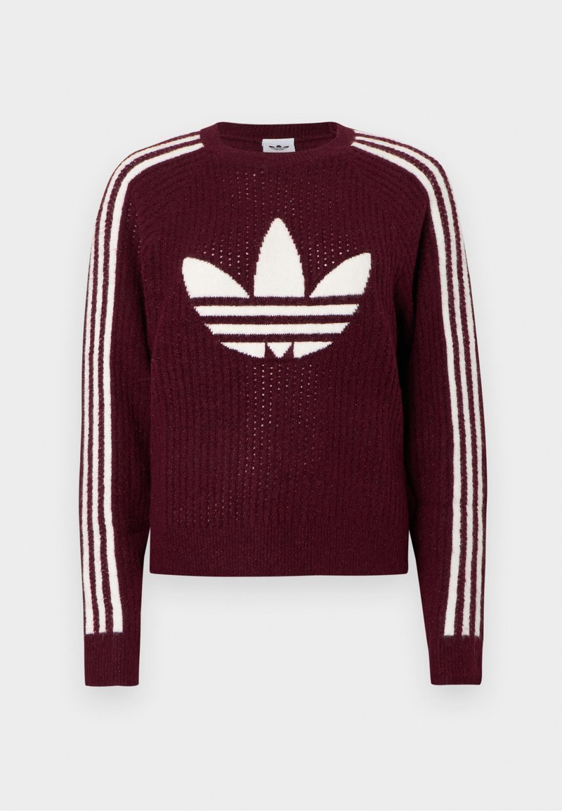 Bordeaux gestrickter Pullover mit weißem Adidas-Trefoil-Logo auf der Brust und drei weißen Streifen, die an jedem Ärmel entlanglaufen.