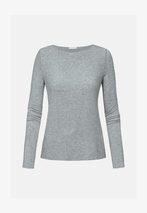 Grijze langemouwen top gemaakt van zachte stof, met een ronde halslijn en iets aansluitende mouwen. Geen aparte patronen of hardware-details.