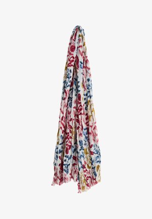 Valge kangast sall punaste, siniste ja kollaste lille- ning viinapuupatternitega, kerge ja pehmelt langev, rippumas vertikaalselt.