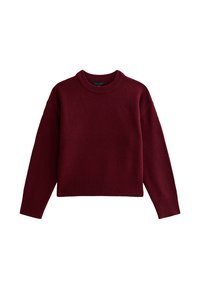 Bordeaux kleurige pullover trui, gemaakt van zachte gebreide stof. Kenmerkt lange mouwen, een ronde halslijn en ribbelboorden aan de onderkant en mouwen.