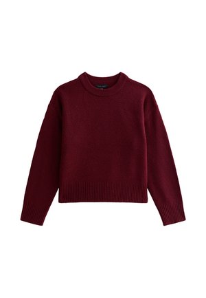 Pullover bordeaux, realizzato in morbido tessuto a maglia. Presenta maniche lunghe, scollo rotondo e orlo e polsini a coste.