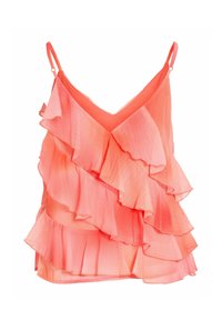 Blouse sans manches couleur corail rose avec multiples volants superposés et bretelles réglables.