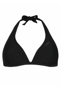 Sort trekantet bikinioverdel med justerbar halterneck-bånd, tekstureret stof og logo på den ene side. Glat finish med minimalistisk design.