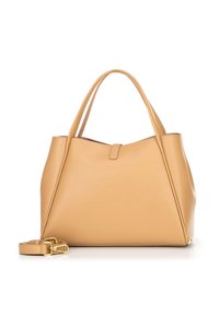 Borsa a mano in pelle color cuoio con un design strutturato, forma angolare, due manici superiori e una tracolla removibile. Presenta una chiusura discreta nella parte superiore.