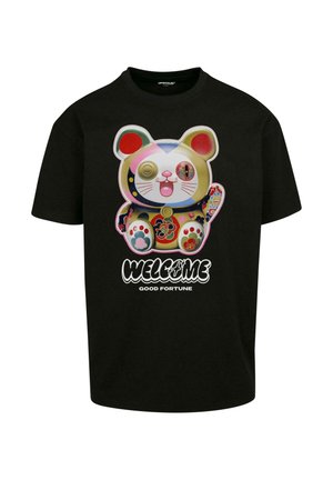 Black t-shirt featuring a colorful, graphic design of a cat sculpture surrounded by floral patterns. Text reads "WELCOME GOOD FORTUNE."