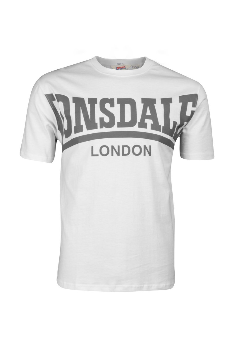 Fehér pamut póló, nagy szürke "LONSDALE" felirattal és alatta "LONDON" felirattal, klasszikus kerek nyakkal és rövid ujjakkal.