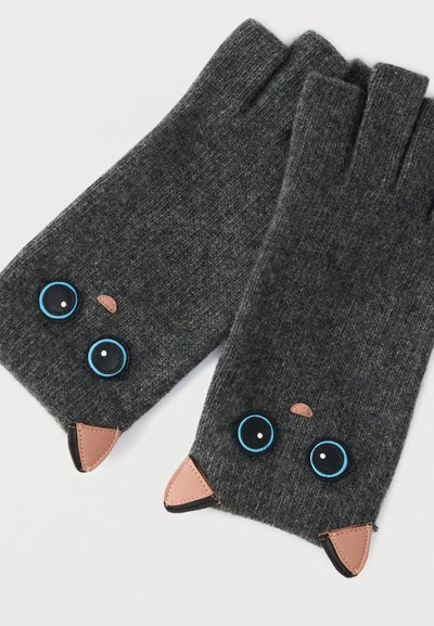 Guanti senza dita in maglia grigia con design di faccia di gatto con occhi azzurri, accenti marroni e punte triangolari delle orecchie. Texture morbida e stile casual.