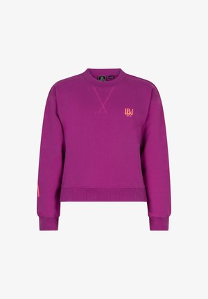 Fioletowy sweter z okrągłym dekoltem, ribbowymi mankietami i dołem. Posiada pomarańczowe logo na klatce piersiowej oraz ozdobne krzyżykowe szwy.