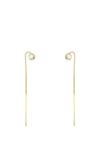Orecchini in filo d'oro con accenti di cristallo circolari nella parte superiore. Design elegante e allungato con una texture a catena delicata.
