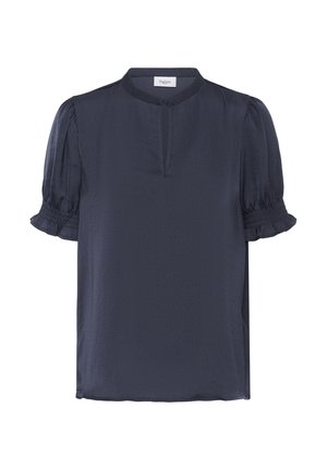 Námornícky modrá blúzka s okrúhlym výstrihom, krátkymi nariasenými rukávmi a otvorom do tvaru kvapky vpredu. Vyrobená z hladkej, ľahkej látky.