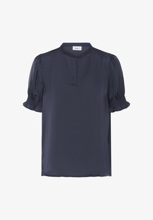 Námornícky modrá blúzka s okrúhlym výstrihom, krátkymi nariasenými rukávmi a otvorom do tvaru kvapky vpredu. Vyrobená z hladkej, ľahkej látky.