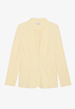 Yellow blazer with a shawl collar, structured shape, two front pockets, and a smooth fabric texture. No visible fastenings or embellishments.