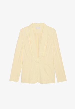 Kollane bleiser, millel on šaalikaelus, struktureeritud kuju, kaks esi-taskut ja sile kangast tekstuur. Ilma nähtavate kinnituste või kaunistusteta.