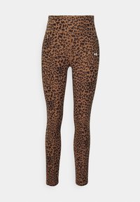 Leggings a stampa leopardo marrone con vita alta. Realizzati in tessuto elasticizzato, presentano una texture liscia e un dettaglio con il logo all'anca.