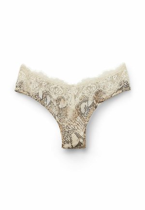 Trosor med spetsdetaljer i ljusbeige med ett ormskinnsmönster. Har delikat spets runt midjan och mjukt texturerat tyg.