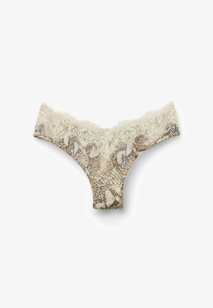 Perizoma con pizzo color beige chiaro e motivo a pelle di serpente. Presenta un delicato pizzo attorno alla vita e un tessuto morbido e strutturato.