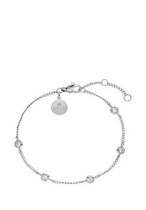 Delicate silver chain bracelet with five small round clear stones evenly spaced and a small round tag engraved with brand name PURELEI.