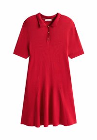 Rotes geripptes Polo-Kleid mit kurzen Ärmeln, Kragen und drei Knopfverschlüssen. Ausgestellter Saum mit glatter Textur.