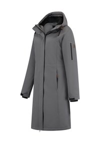 Grå isolerad jacka med huva, långa ärmar, två sidofickor och en ficka med dragkedja på ärmen. Har kontrasterande svarta muddar och en slät yta.