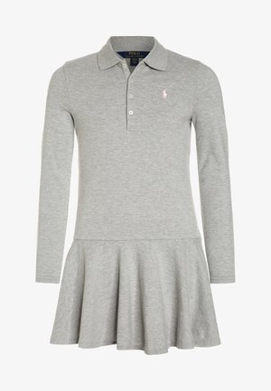 Light gray long-sleeve polo dress with collar, button placket, flared skirt, and small embroidered logo on the left chest.