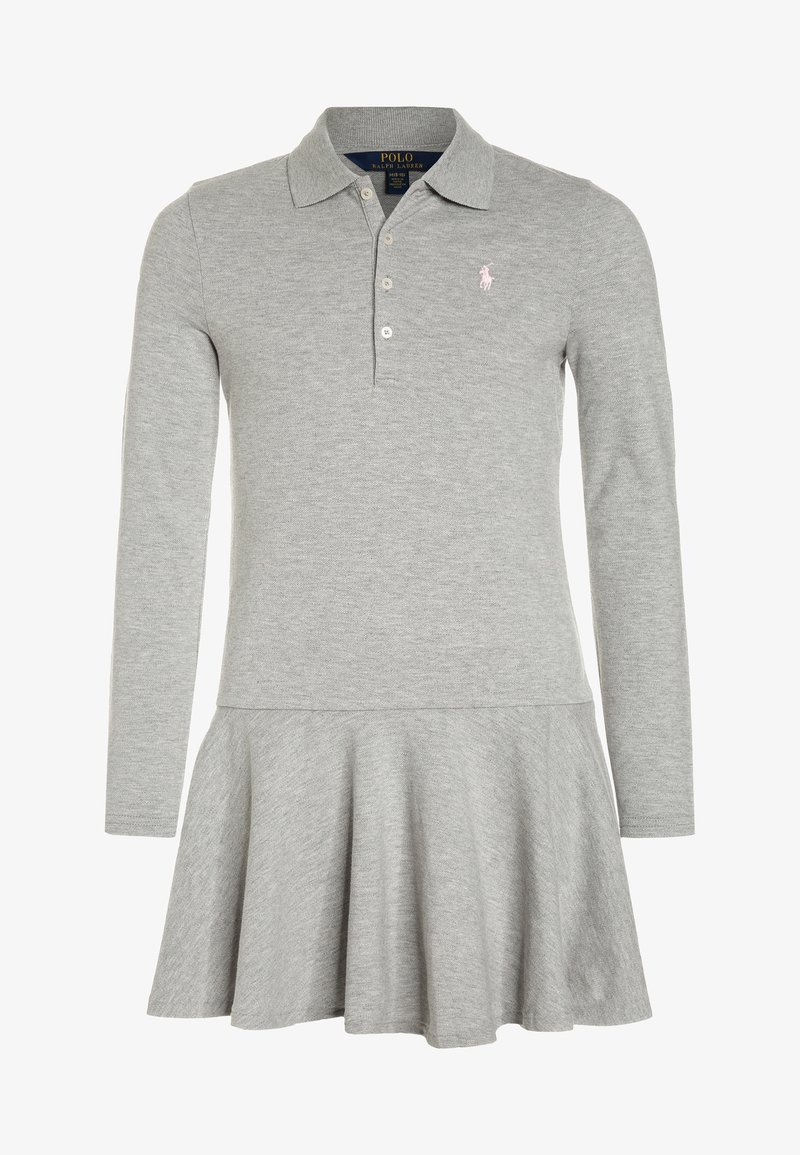 Robe polo à manches longues gris clair avec col, patte de boutonnage, jupe évasée et petit logo brodé sur la poitrine gauche.