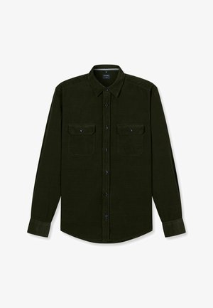 Dunkelgrünes Cordhemd mit langen Ärmeln, Button-Down-Kragen, zwei Brusttaschen und dunkelblauen Knöpfen. Glatte Textur, klassischer Schnitt.